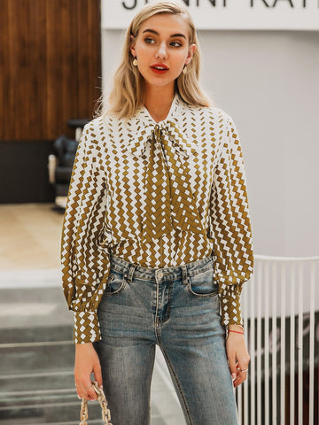 Simplee Tie Neck Geo Blouse