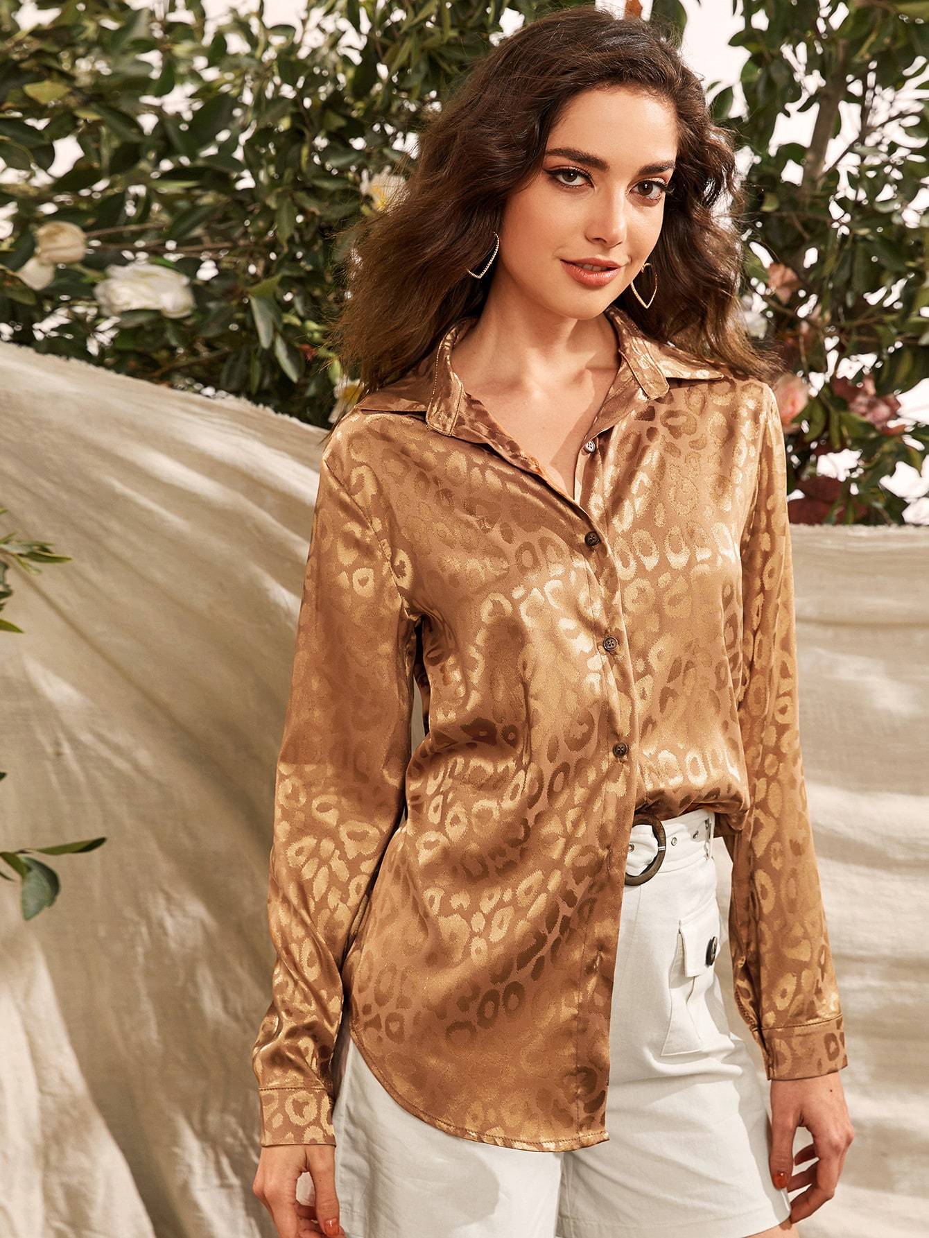 Button Front Curved Hem Jacquard Satin Blouse