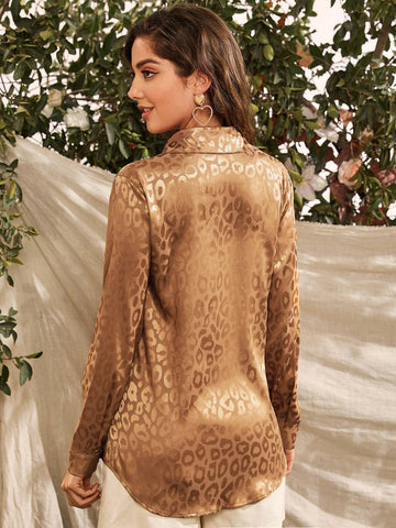 Button Front Curved Hem Jacquard Satin Blouse