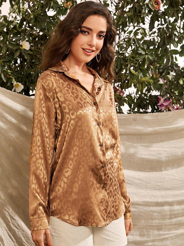 Button Front Curved Hem Jacquard Satin Blouse