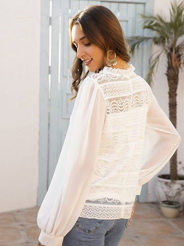 Frill Trim Lace Solid Blouse