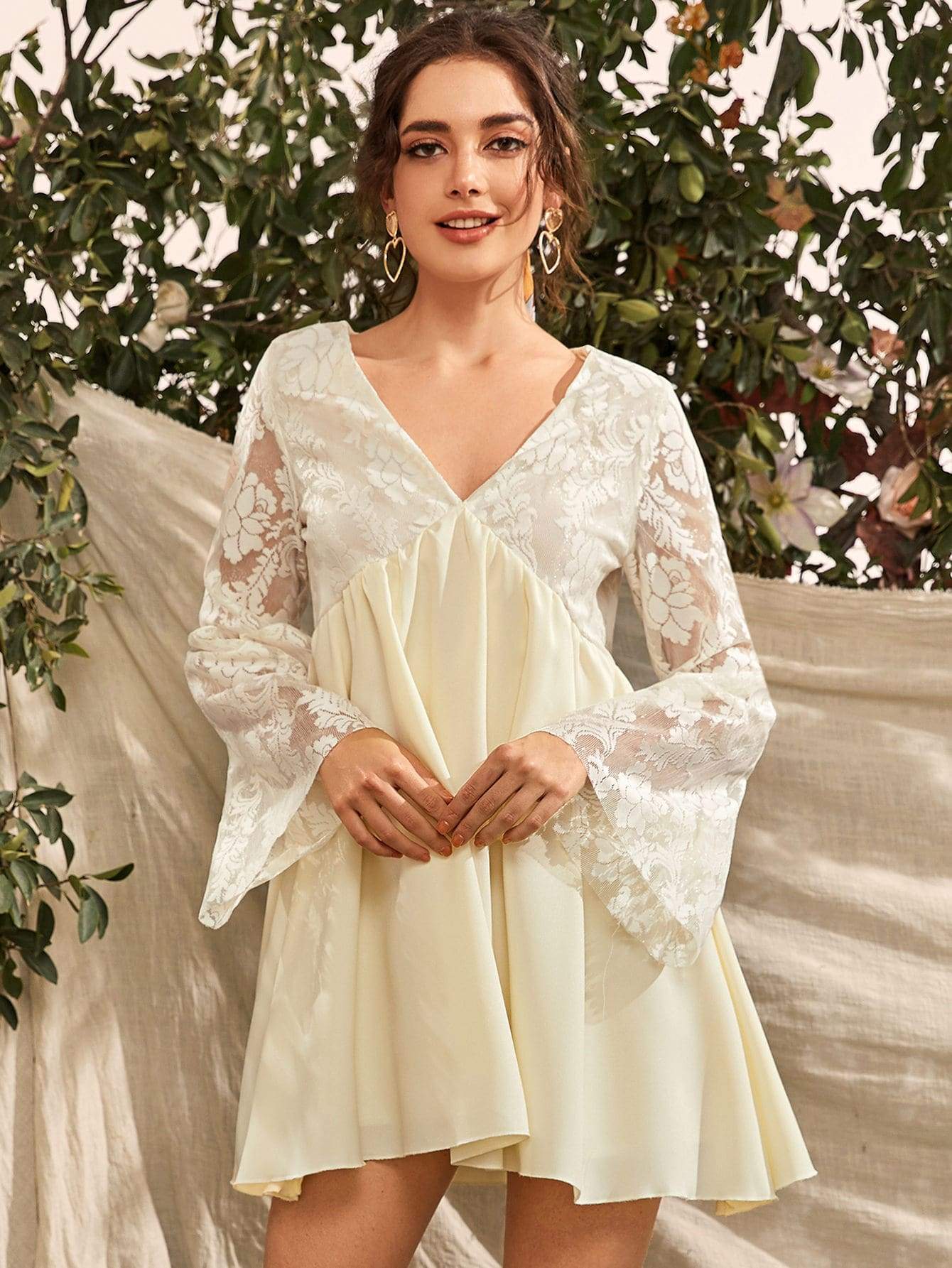 Flounce Sleeve Lace Bodice Smock Dress