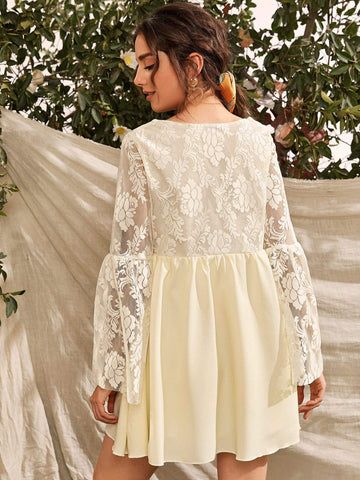 Flounce Sleeve Lace Bodice Smock Dress