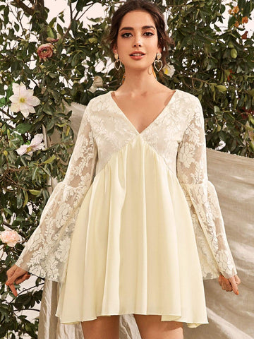 Flounce Sleeve Lace Bodice Smock Dress
