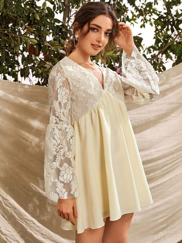 Flounce Sleeve Lace Bodice Smock Dress